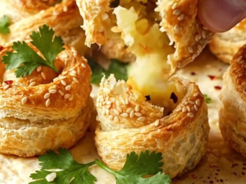 Golden sesame-crusted pastry pockets on a baking sheet, one broken open showing fluffy potato filling.