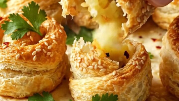 Golden sesame-crusted pastry pockets on a baking sheet, one broken open showing fluffy potato filling.