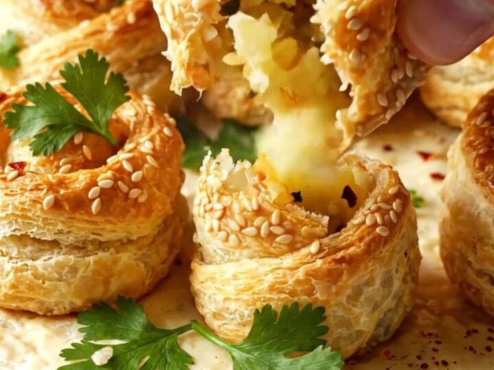 Golden sesame-crusted pastry pockets on a baking sheet, one broken open showing fluffy potato filling.