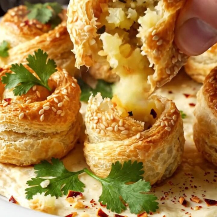 Golden sesame-crusted pastry pockets on a baking sheet, one broken open showing fluffy potato filling.