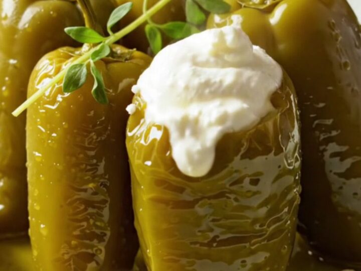 Cheese-stuffed pickled jalapeños submerged in olive oil in a mason jar