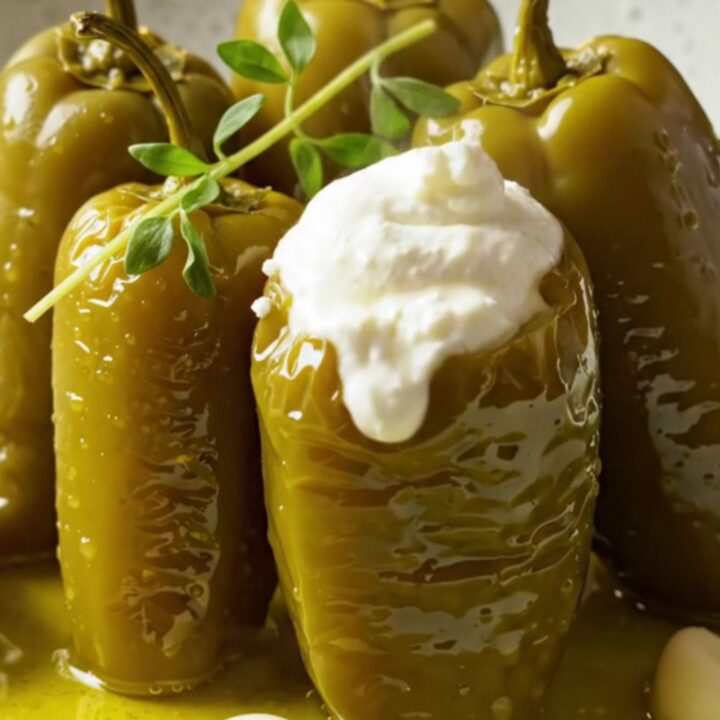 Cheese-stuffed pickled jalapeños submerged in olive oil in a mason jar