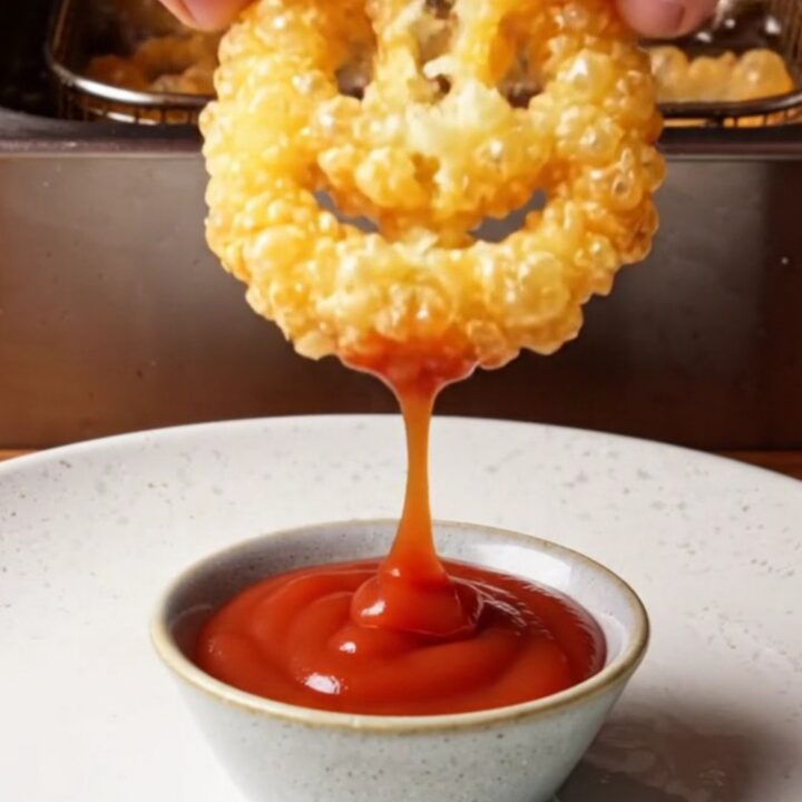 Golden crispy smiley face potato fries on a plate with ketchup