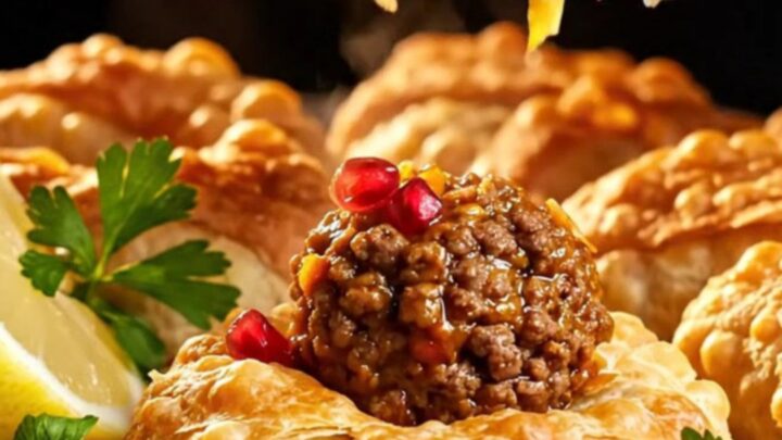 Golden kaytaz böreği on a plate, showing flaky layers and juicy meat filling