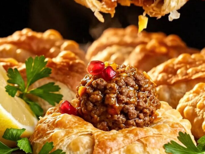 Golden kaytaz böreği on a plate, showing flaky layers and juicy meat filling