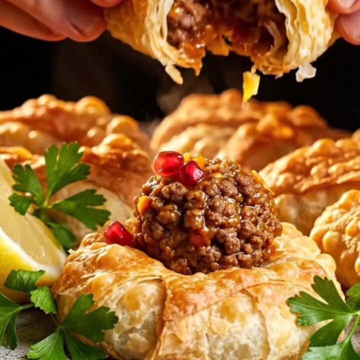 Golden kaytaz böreği on a plate, showing flaky layers and juicy meat filling