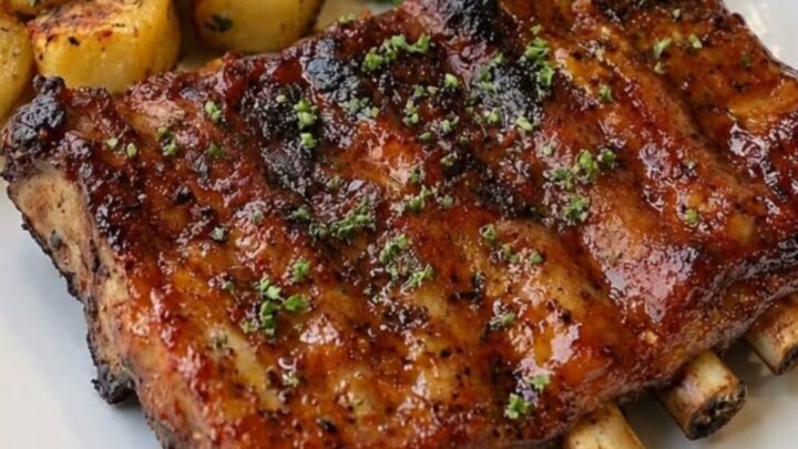 A rack of glazed, sticky BBQ ribs sits on a white plate next to golden roasted potatoes and fresh cherry tomatoes.