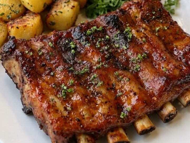 A rack of glazed, sticky BBQ ribs sits on a white plate next to golden roasted potatoes and fresh cherry tomatoes.
