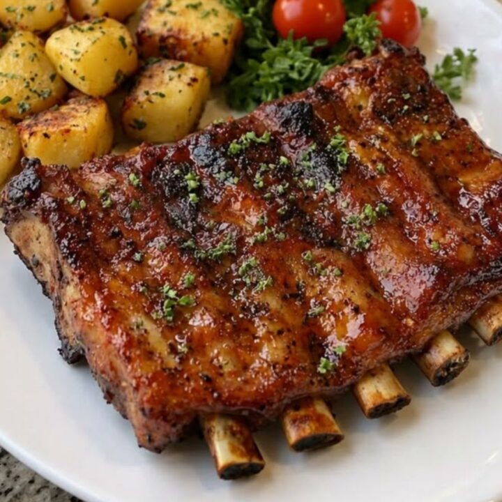 A rack of glazed, sticky BBQ ribs sits on a white plate next to golden roasted potatoes and fresh cherry tomatoes.