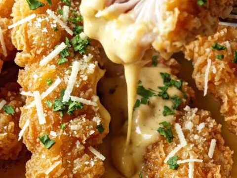 Golden crispy chicken tenders with garlic butter and Parmesan, served with a creamy chili dipping sauce