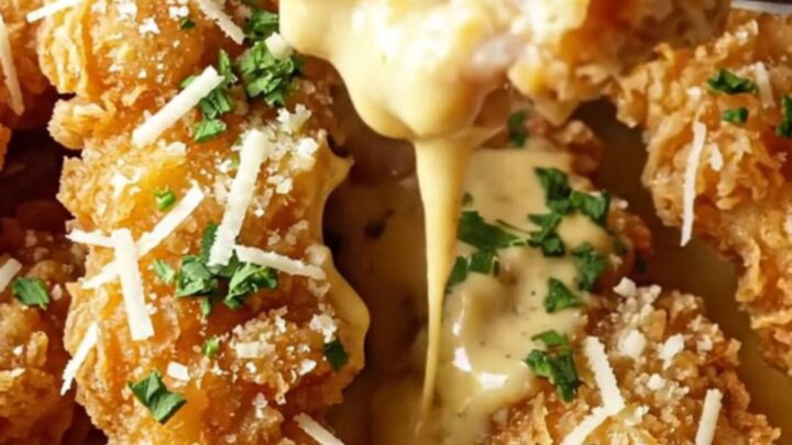 Golden crispy chicken tenders with garlic butter and Parmesan, served with a creamy chili dipping sauce