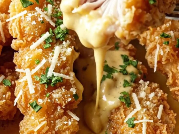 Golden crispy chicken tenders with garlic butter and Parmesan, served with a creamy chili dipping sauce