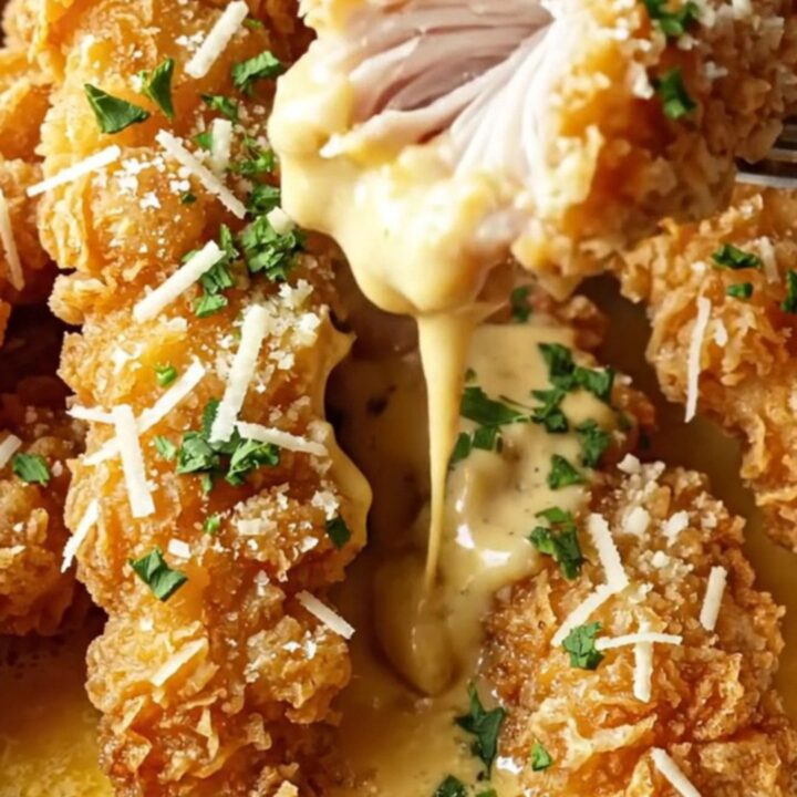 Golden crispy chicken tenders with garlic butter and Parmesan, served with a creamy chili dipping sauce