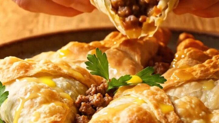 Golden brown triangle börek with flaky layers and spiced beef filling, on a rustic plate.