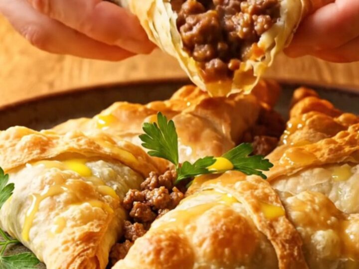 Golden brown triangle börek with flaky layers and spiced beef filling, on a rustic plate.