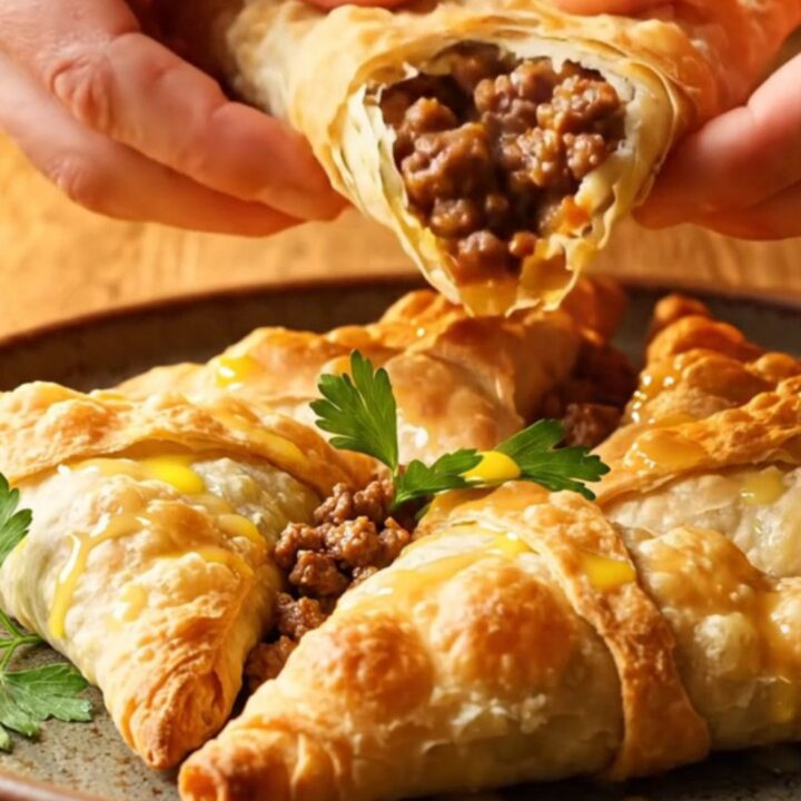 Golden brown triangle börek with flaky layers and spiced beef filling, on a rustic plate.