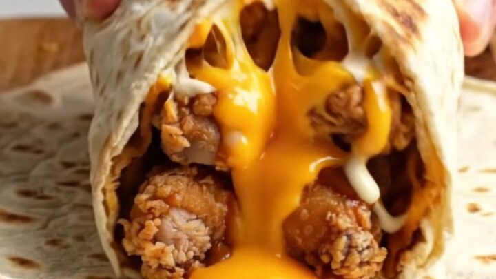 Toasted lavaş wrap sliced in half showing melted cheddar, fries, chicken, and sauces.