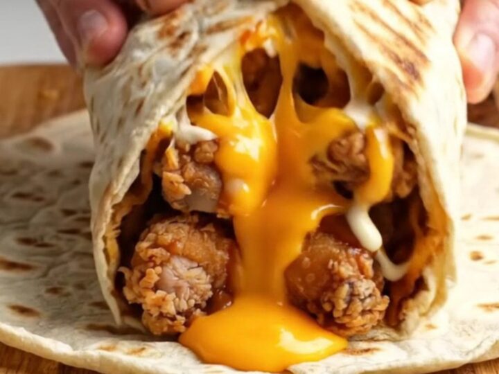 Toasted lavaş wrap sliced in half showing melted cheddar, fries, chicken, and sauces.