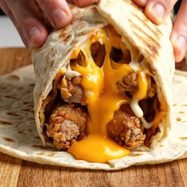 Toasted lavaş wrap sliced in half showing melted cheddar, fries, chicken, and sauces.