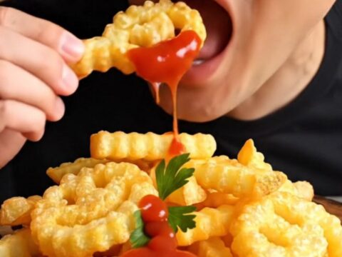 Golden crispy smiley potato fries with ketchup on a plate