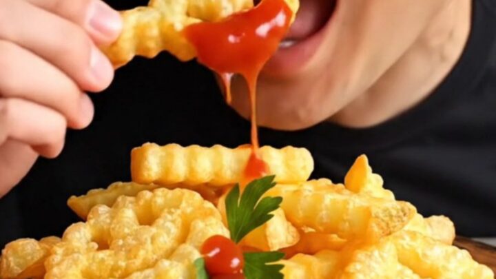 Golden crispy smiley potato fries with ketchup on a plate