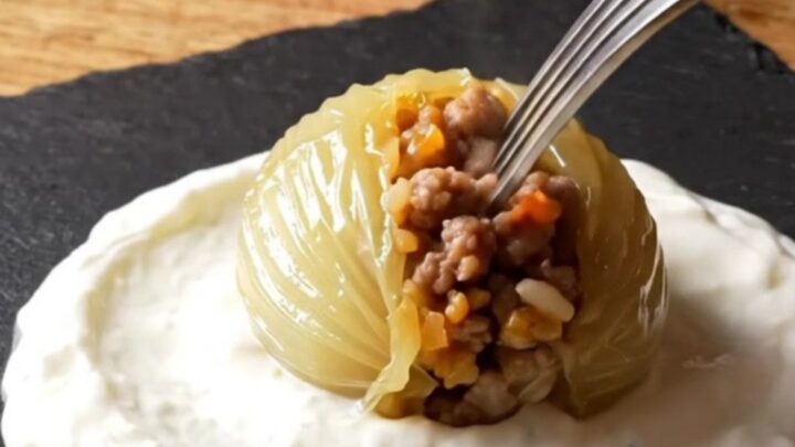Golden stuffed onions on garlic yogurt with tomato sauce and dried mint