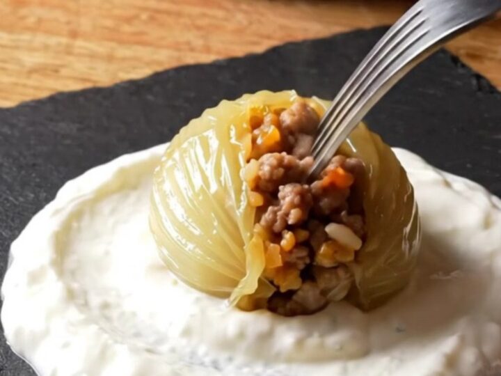 Golden stuffed onions on garlic yogurt with tomato sauce and dried mint