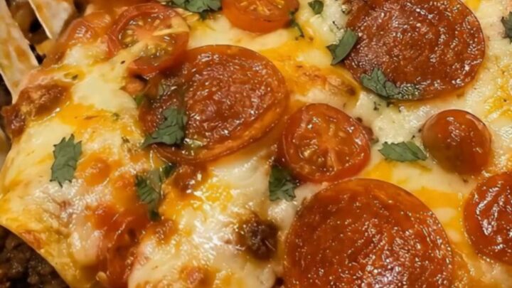 A spatula lifting a cheesy pepperoni enchilada from an oval baking dish, displaying a long elastic cheese pull.