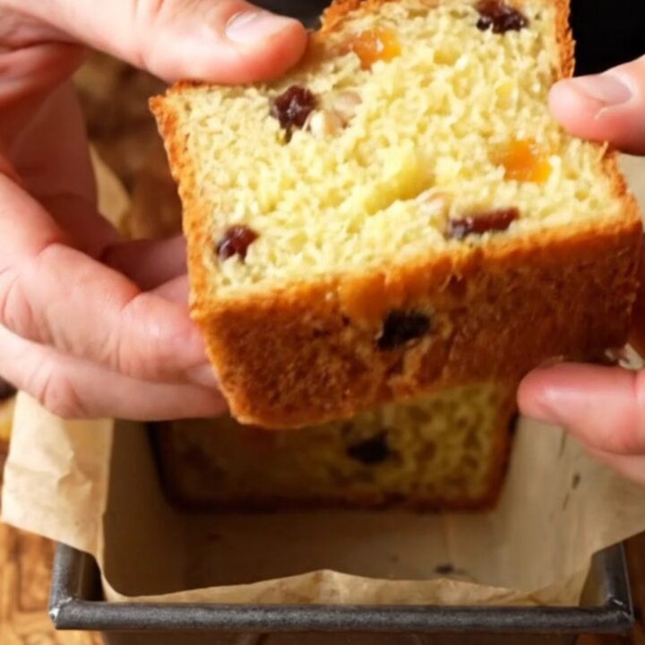 Golden whole lemon loaf with dried fruits, sliced to show moist crumb