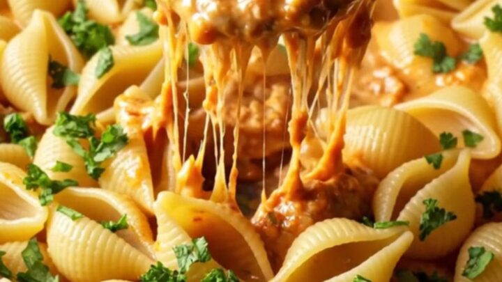 A skillet filled with creamy tomato pasta and mini meatballs, garnished with parsley.