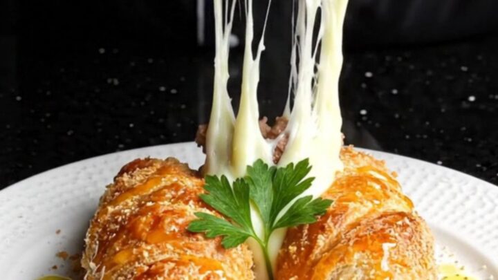 Golden crispy börek rolls cut in half, showing melted cheese and seasoned beef