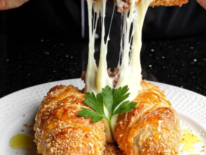 Golden crispy börek rolls cut in half, showing melted cheese and seasoned beef
