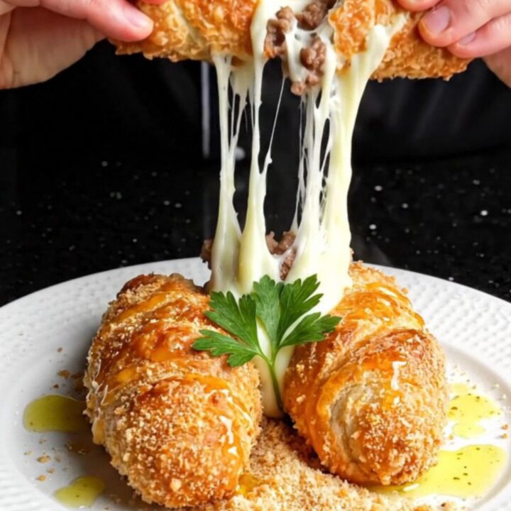 Golden crispy börek rolls cut in half, showing melted cheese and seasoned beef