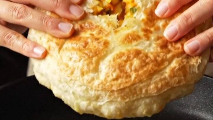 Golden potato bazlama flatbread torn open, showing creamy filling and steam