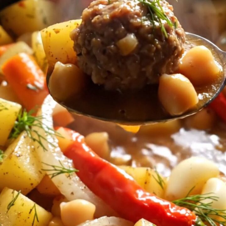 A bowl of Turkish meatball stew with meatballs, potatoes, chickpeas, and tomato broth
