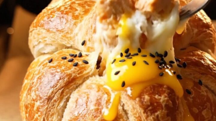 Golden bread pot pie with braided lid lifted, revealing molten cheese and chicken filling