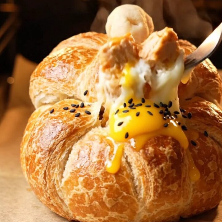 Golden bread pot pie with braided lid lifted, revealing molten cheese and chicken filling