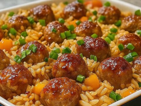 A blue casserole dish filled with golden rice and glossy honey garlic meatballs, topped with fresh green onions.