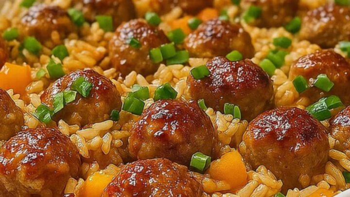 A blue casserole dish filled with golden rice and glossy honey garlic meatballs, topped with fresh green onions.