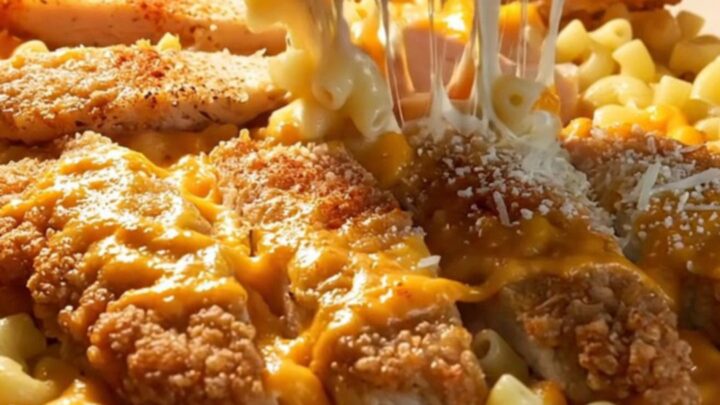 Golden seared chicken over creamy mac and cheese with bubbly cheese top