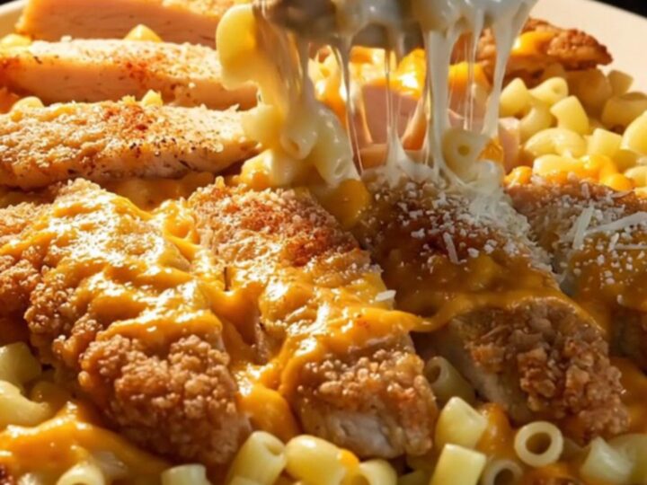 Golden seared chicken over creamy mac and cheese with bubbly cheese top
