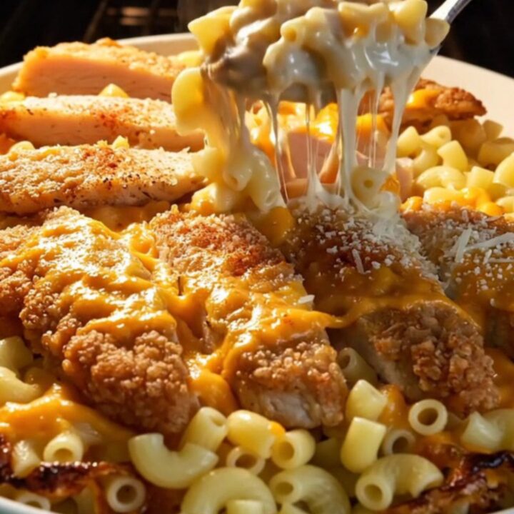 Golden seared chicken over creamy mac and cheese with bubbly cheese top