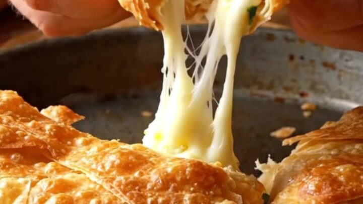 Hand-stretched cheese börek with golden flaky layers on a baking sheet.