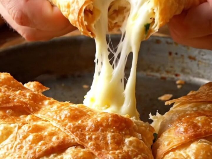 Hand-stretched cheese börek with golden flaky layers on a baking sheet.