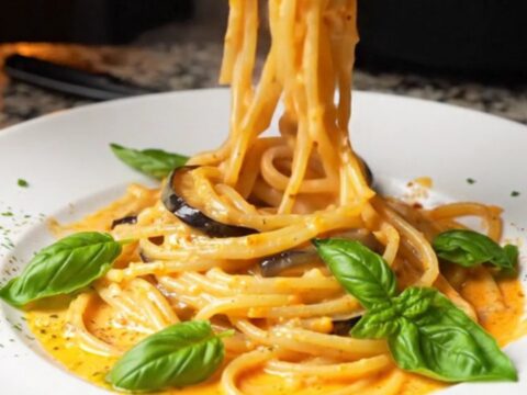 Creamy roasted eggplant spaghetti twirled on a plate, garnished with fresh basil leaves.