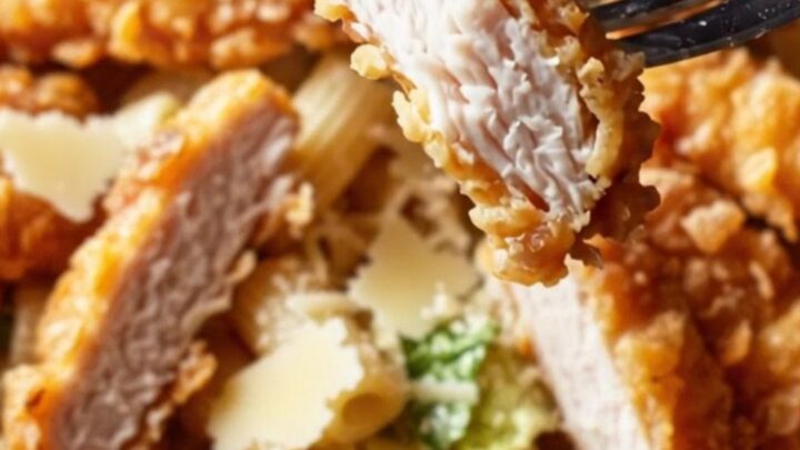Golden fried chicken strips on a bed of creamy Caesar pasta salad with Parmesan
