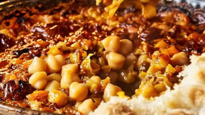 Golden chickpea casserole with roasted peppers and onions in a glass dish, with a piece of flatbread scooping up the mixture.