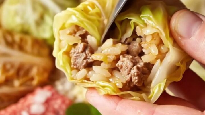 Golden stuffed cabbage cups in a baking dish with tomato broth