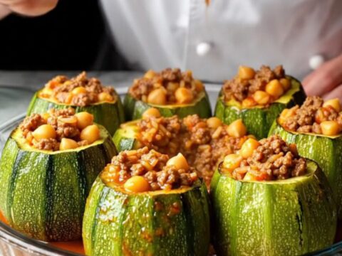 Stuffed round zucchini in a baking dish with tomato broth, garnished with parsley