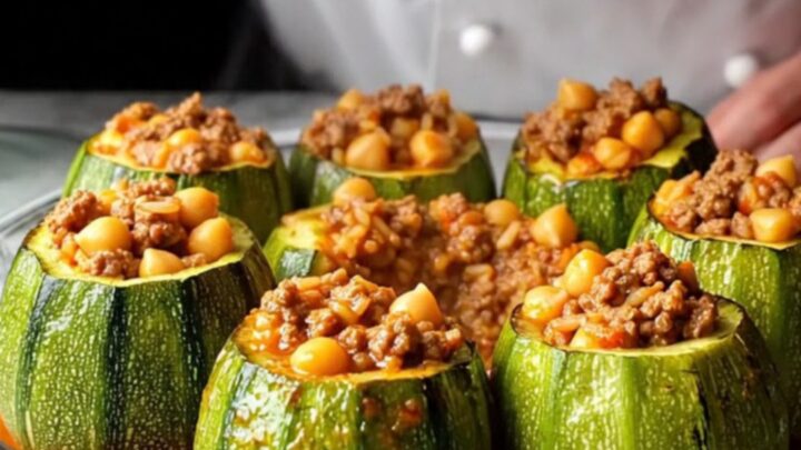 Stuffed round zucchini in a baking dish with tomato broth, garnished with parsley